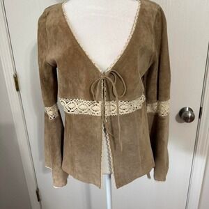 Arden B Y2K Genuine Leather Suede Bell Sleeve Jacket Hippie Boho Medium Lace Hem